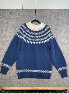 Vintage Handmade Icelandic Fair Isle Sweater Blue Wool Nordic Ski Fisherman Core